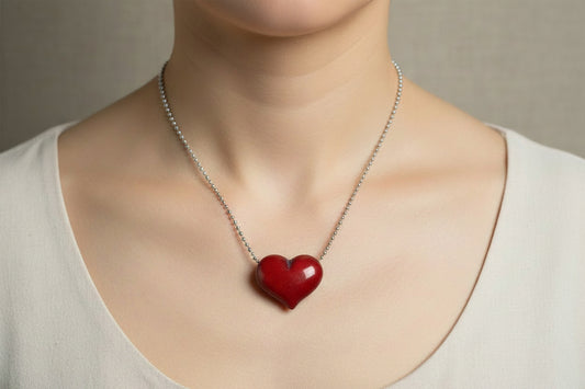Red heart-shaped tagua pendant on a silver chain 