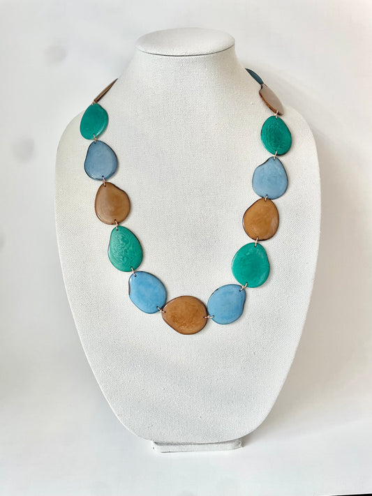 Sustainable Tagua Nut Statement Necklace – Earthy Teal, Blue & Brown