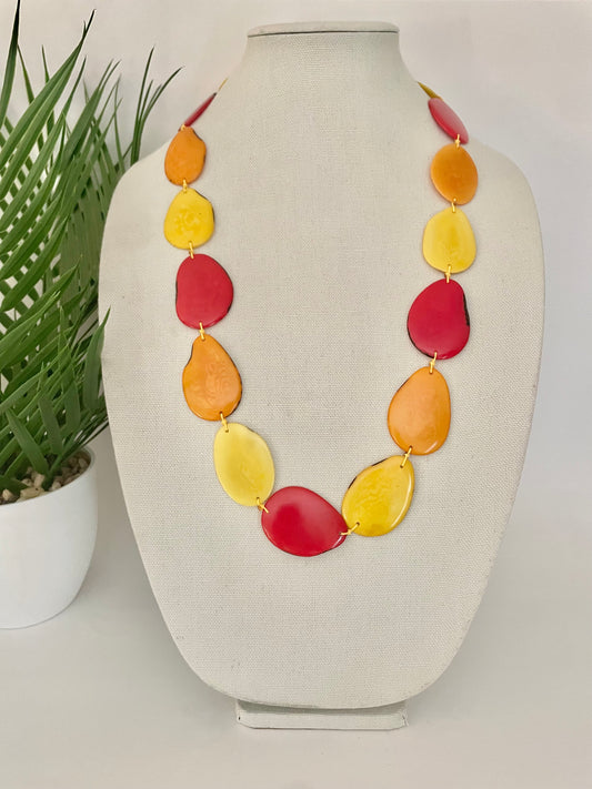 Tagua Nut Necklace with yellow red  and orange beads autumn