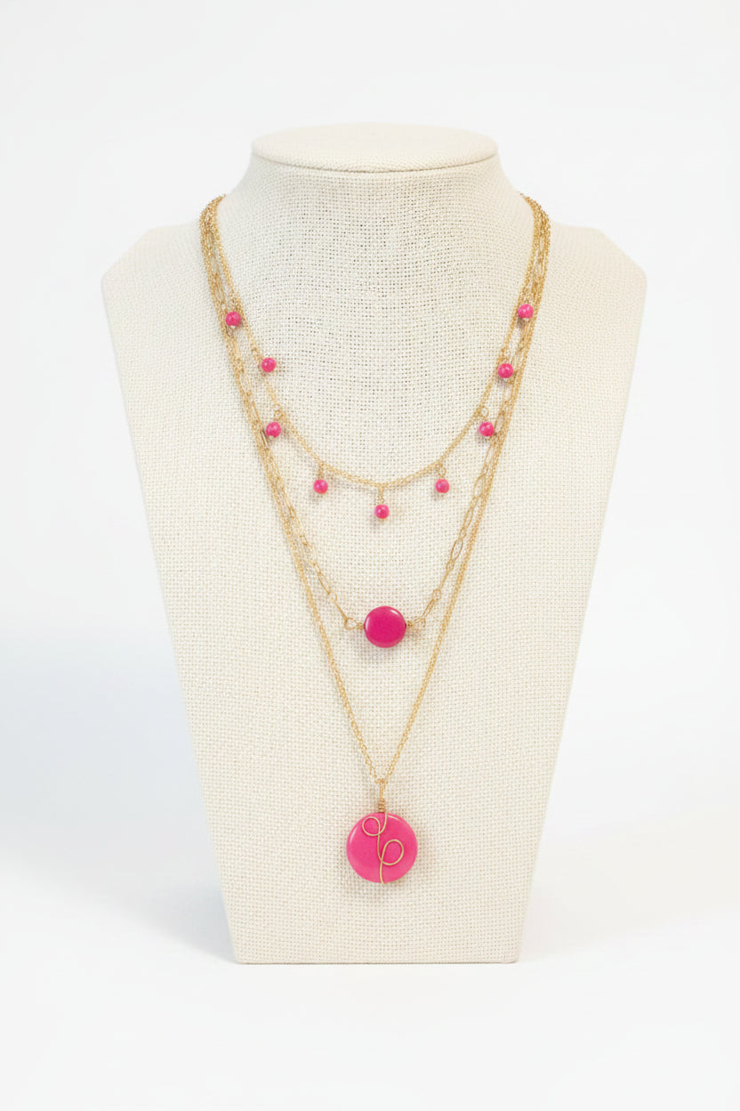 Hot Pink Tagua Triple Layer Necklace
