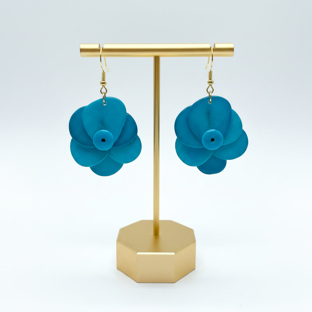 turquoise flower-shaped tagua nut spring earrings 