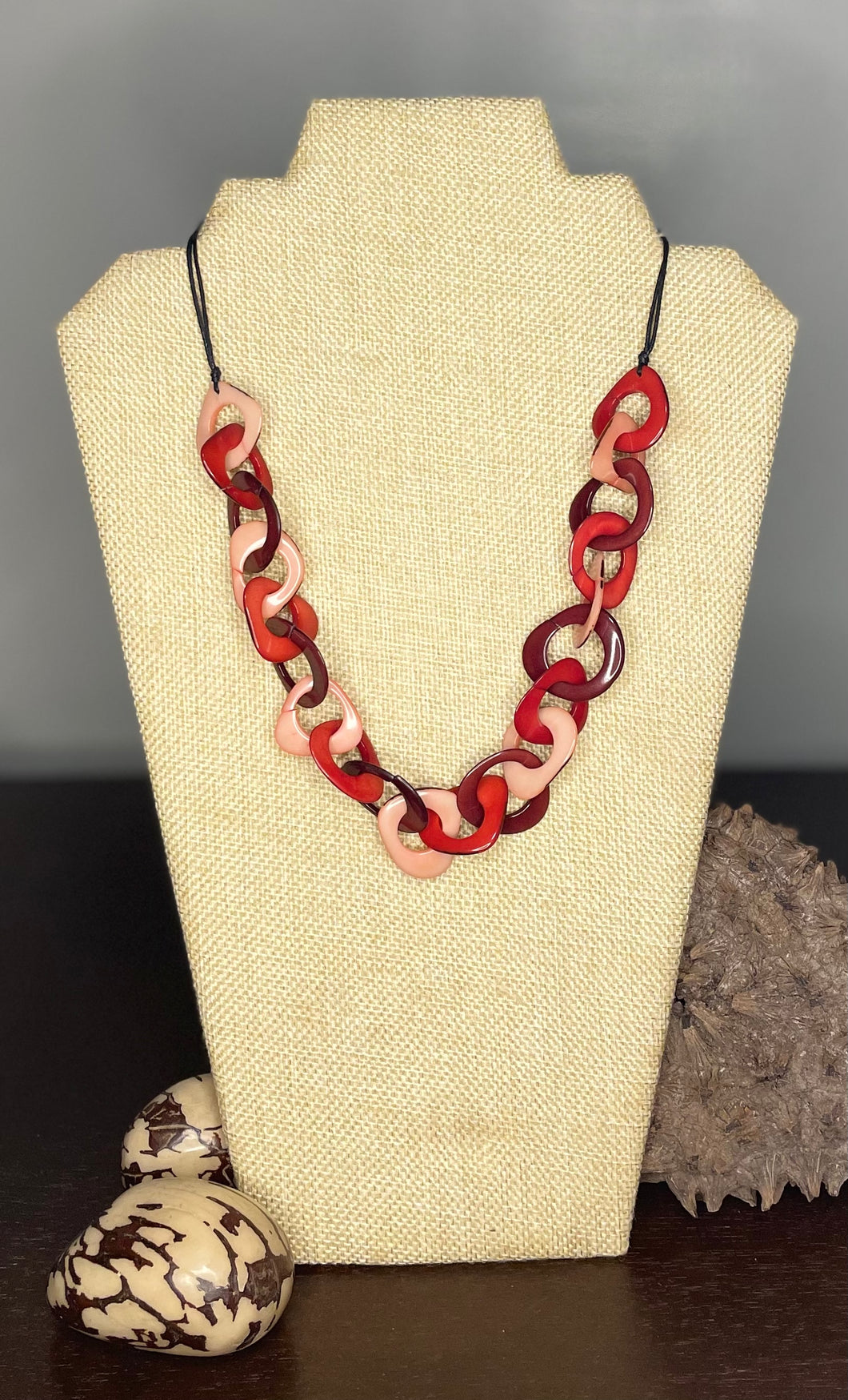 Red Maroon and Pink Tagua Nut Adjustable Necklace