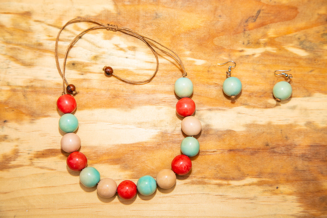 Blue, Red and Green Tagua Nut Adjustable Necklace and Earrings set (Click to see other colors)