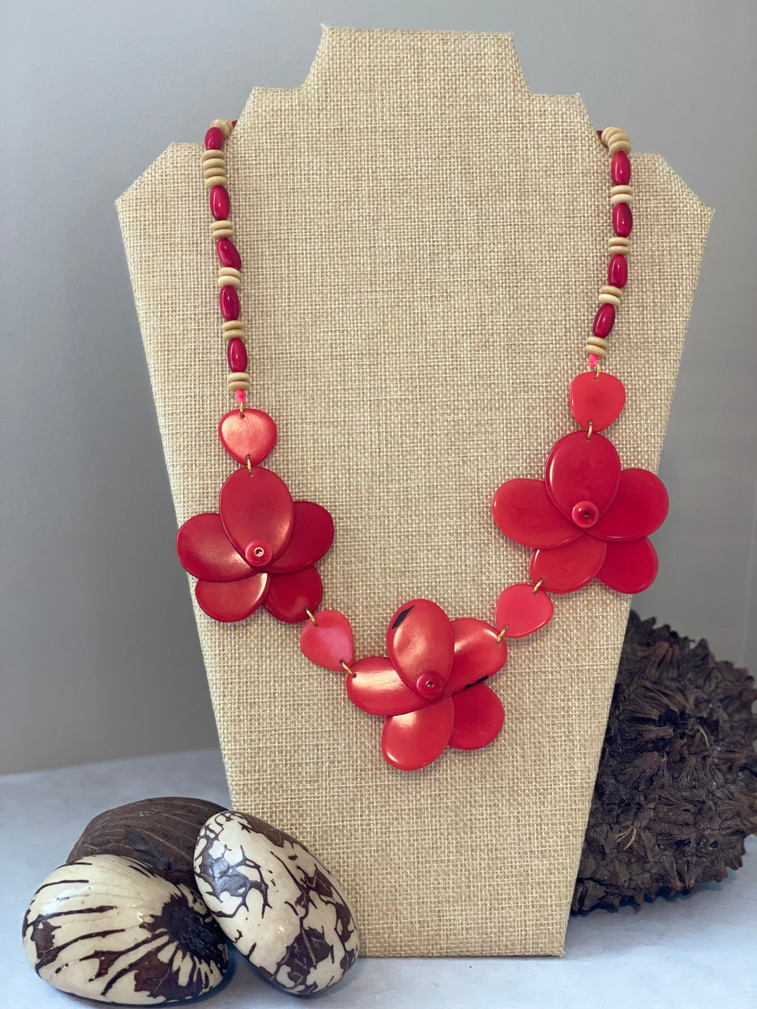 Red Triple Rose Tagua Nut Necklace