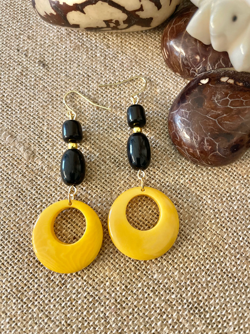 Yellow Black Tagua Nut Dangle Earrings