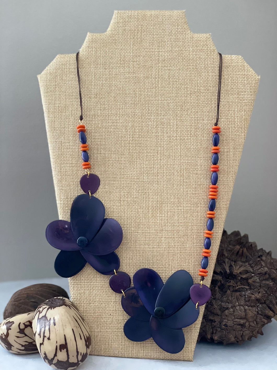 Purple and Navy Blue Double Rose Tagua Nut Necklace