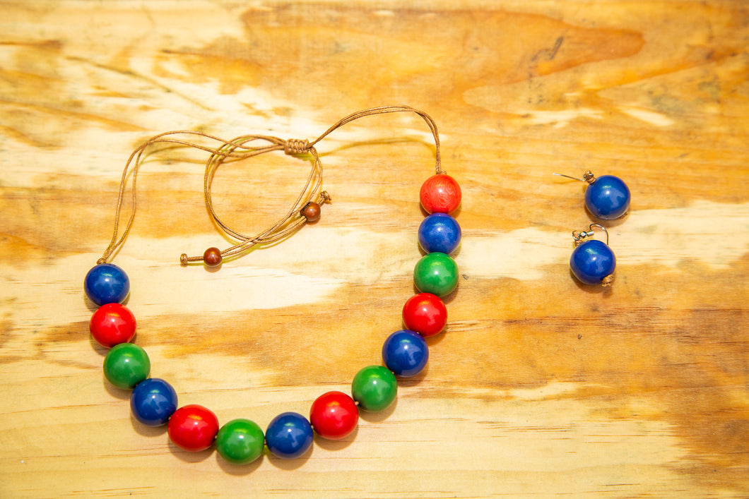Blue, Red and Green Tagua Nut Adjustable Necklace and Earrings set (Click to see other colors)