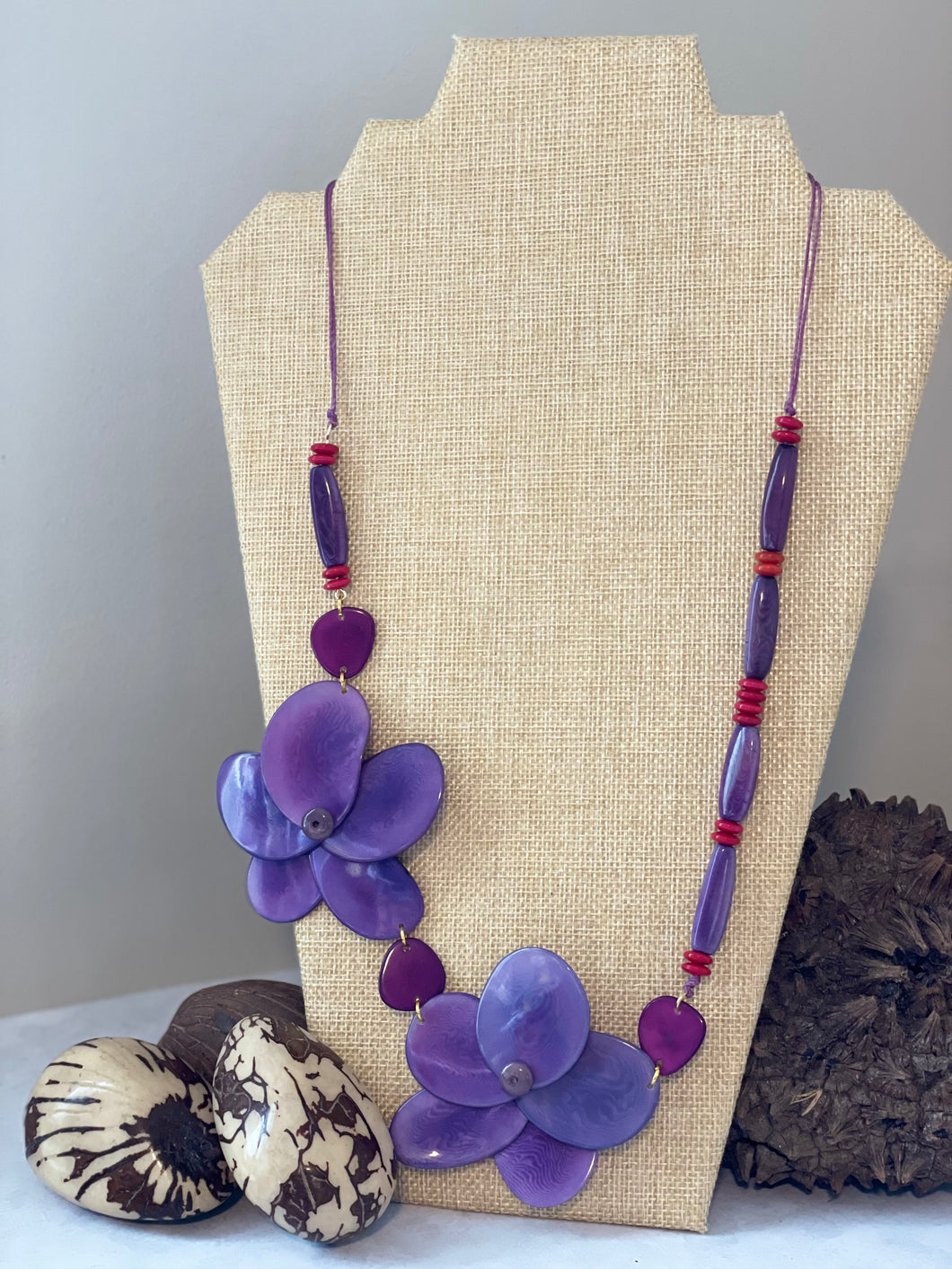 Purple Double Rose Tagua Nut Necklace