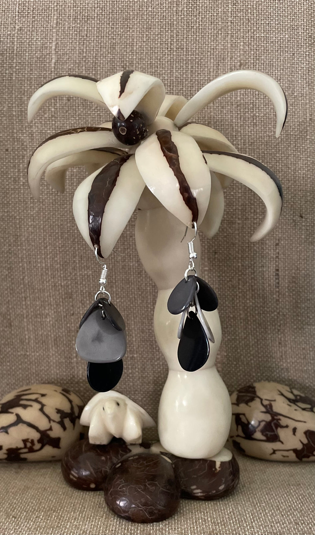 Black and Gray Tagua Nut Dangle Earrings
