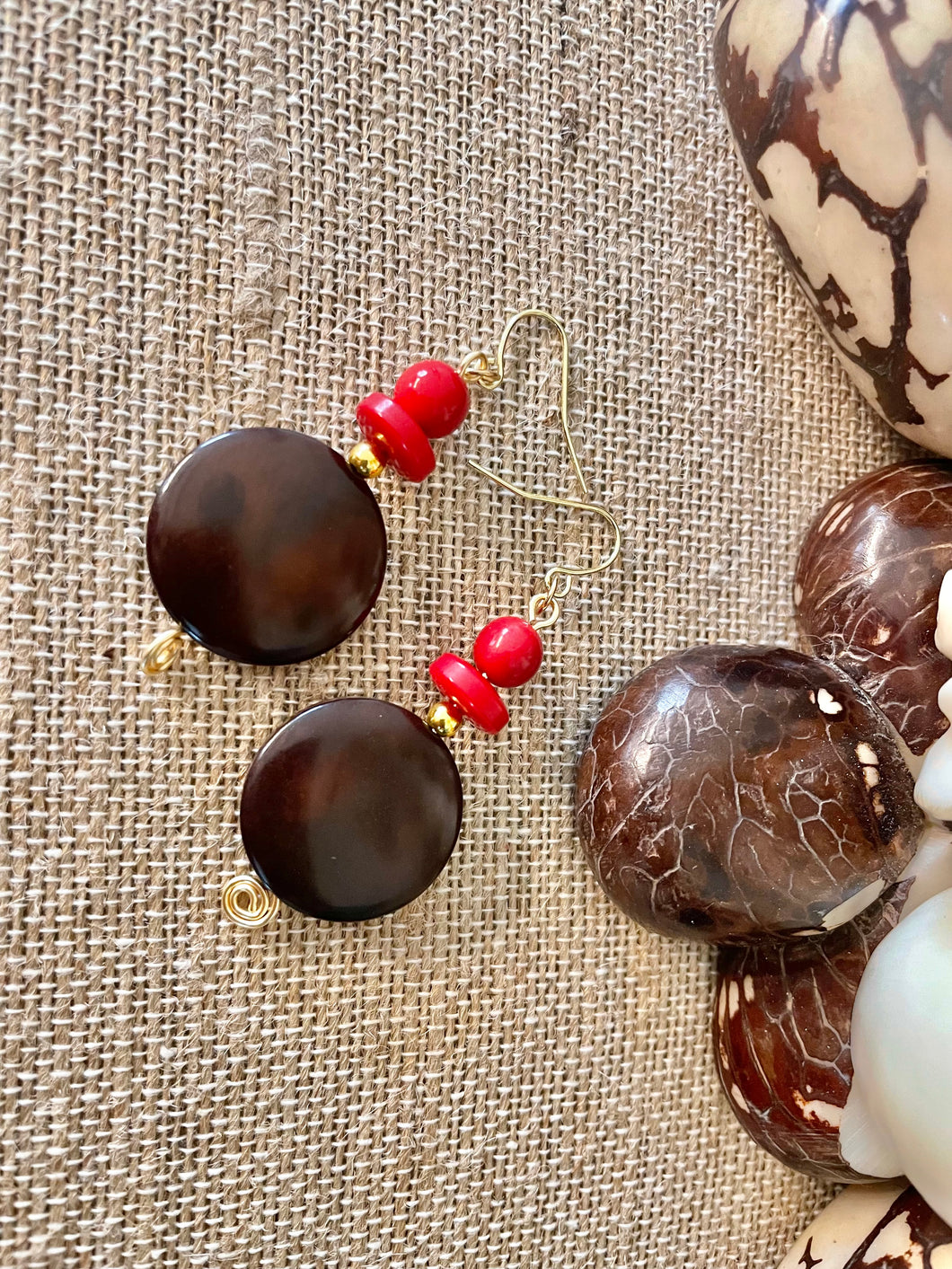 Brown Red Tagua Nut Dangle Earrings