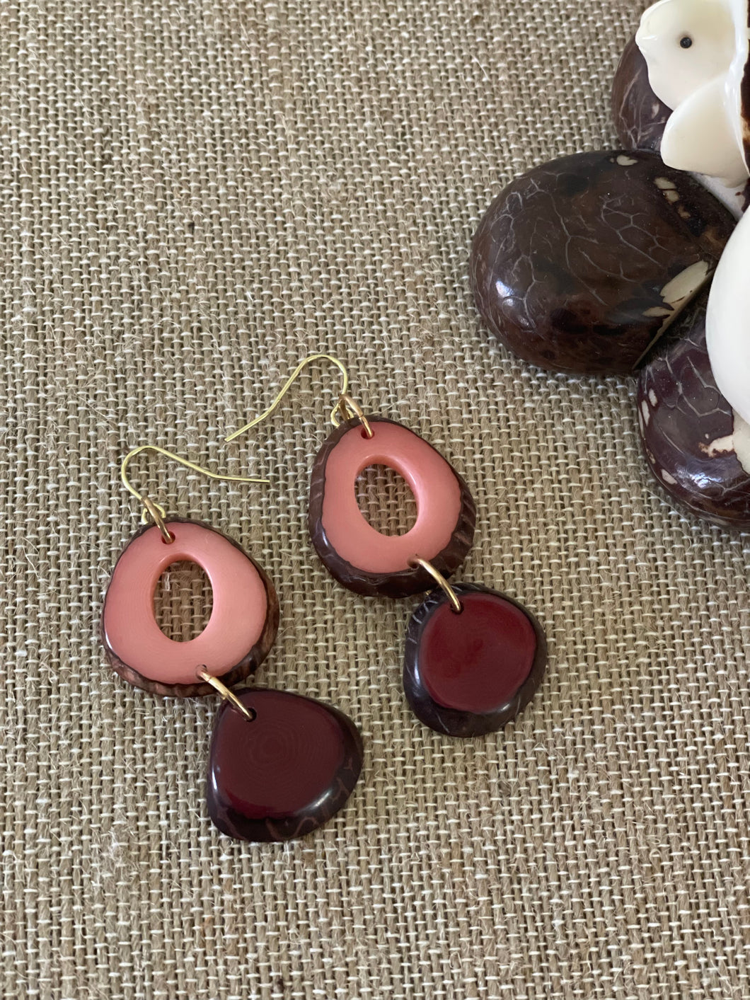 Pink Dark Red Tagua Nut Earrings