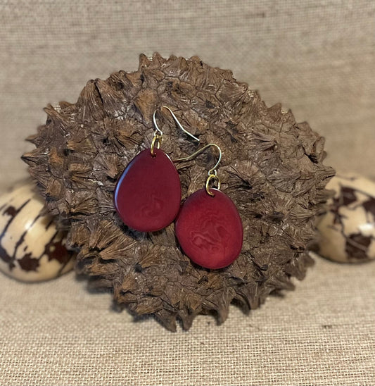 Maroon Thin Sliced Tagua Nut Earrings