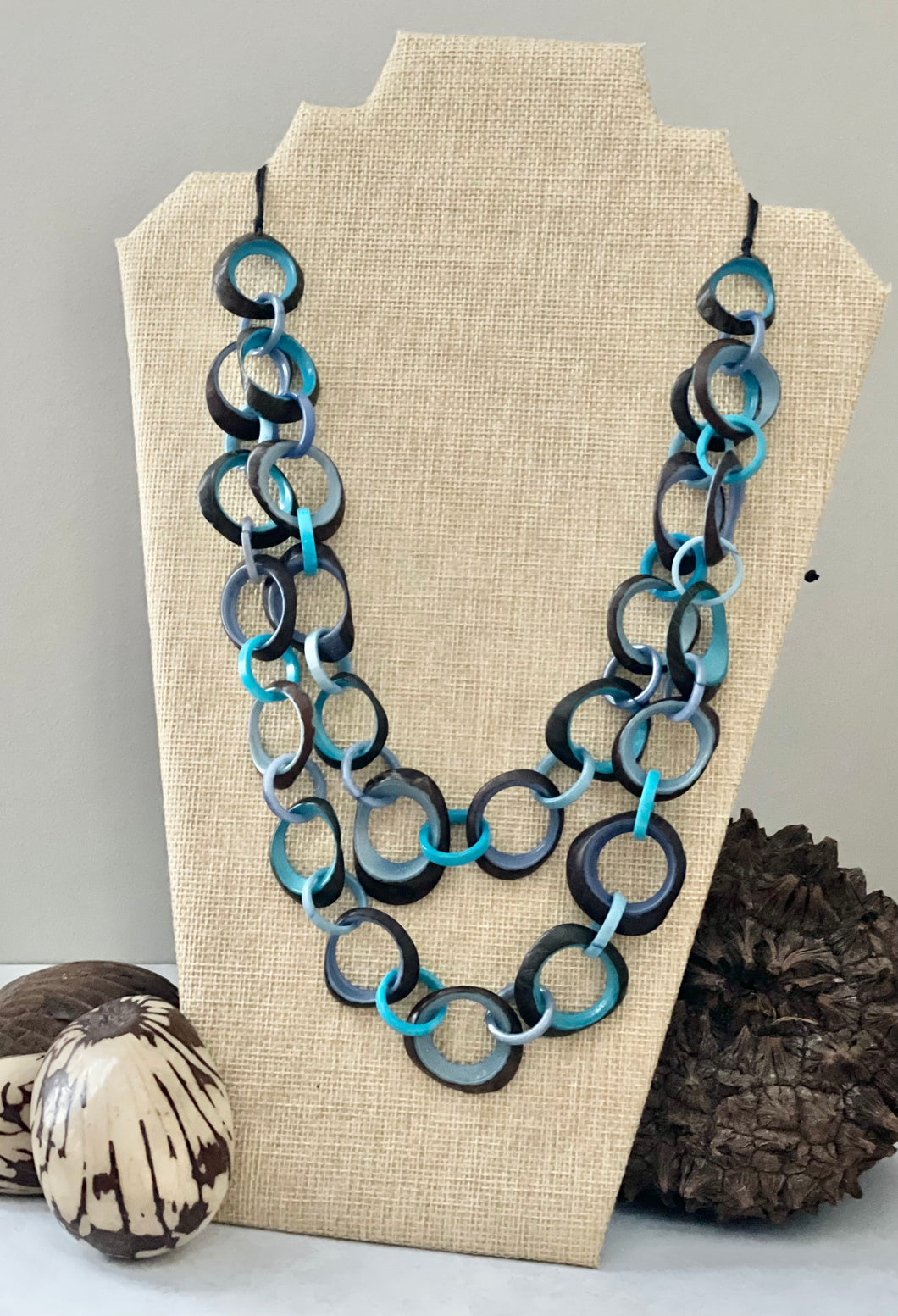 Blue Double Layer Tagua Nut Adjustable Necklace