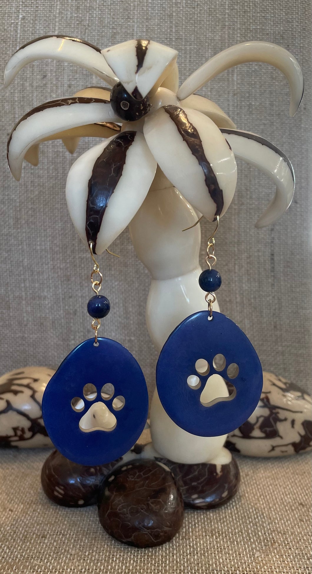 Blue Paw Carved Tagua Nut Earrings