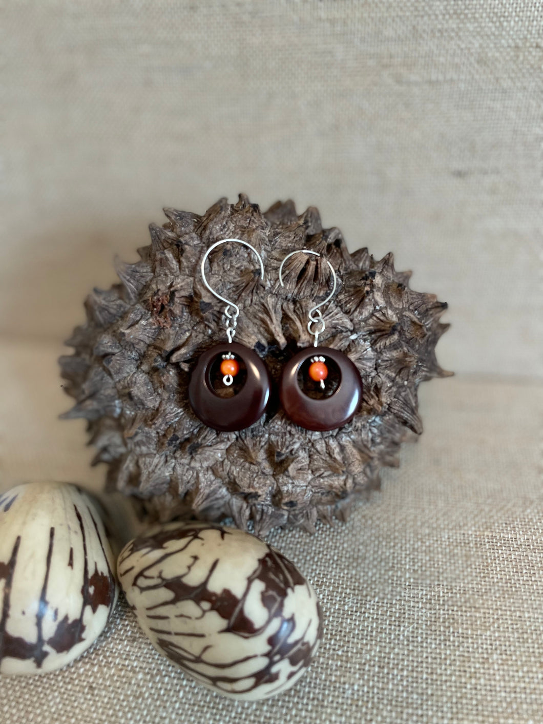 Brown and Orange Hoop Tagua Nut Dangle Earrings