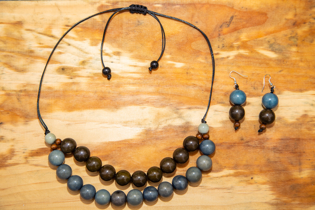 Grey and Brown Round Tagua Nut Adjustable Necklace and Earrings set