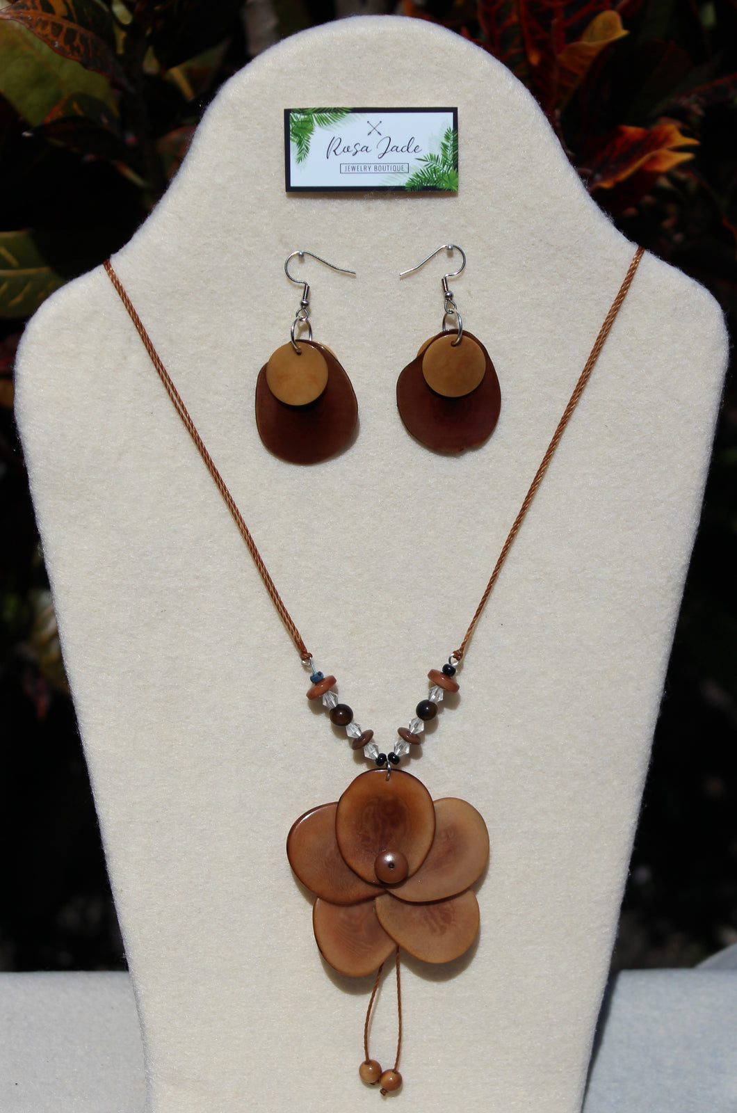 Light Brown Tagua Nut Rose and Earrings set