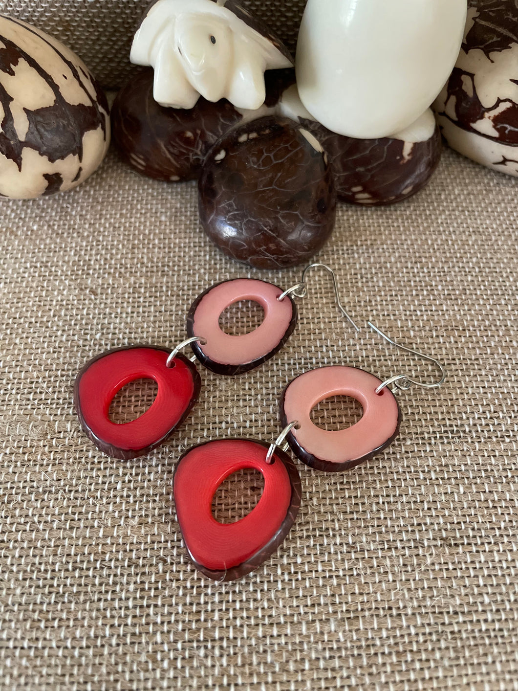Red Pink Tagua Nut Earrings