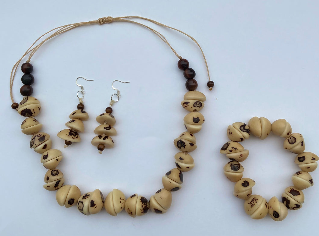 Ivory and Brown Tagua Nut Adjustable Necklace with Bracelet and Earrings Set