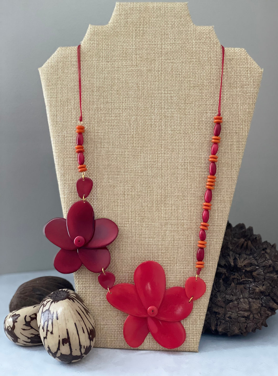 Red Double Rose Tagua Nut Necklace