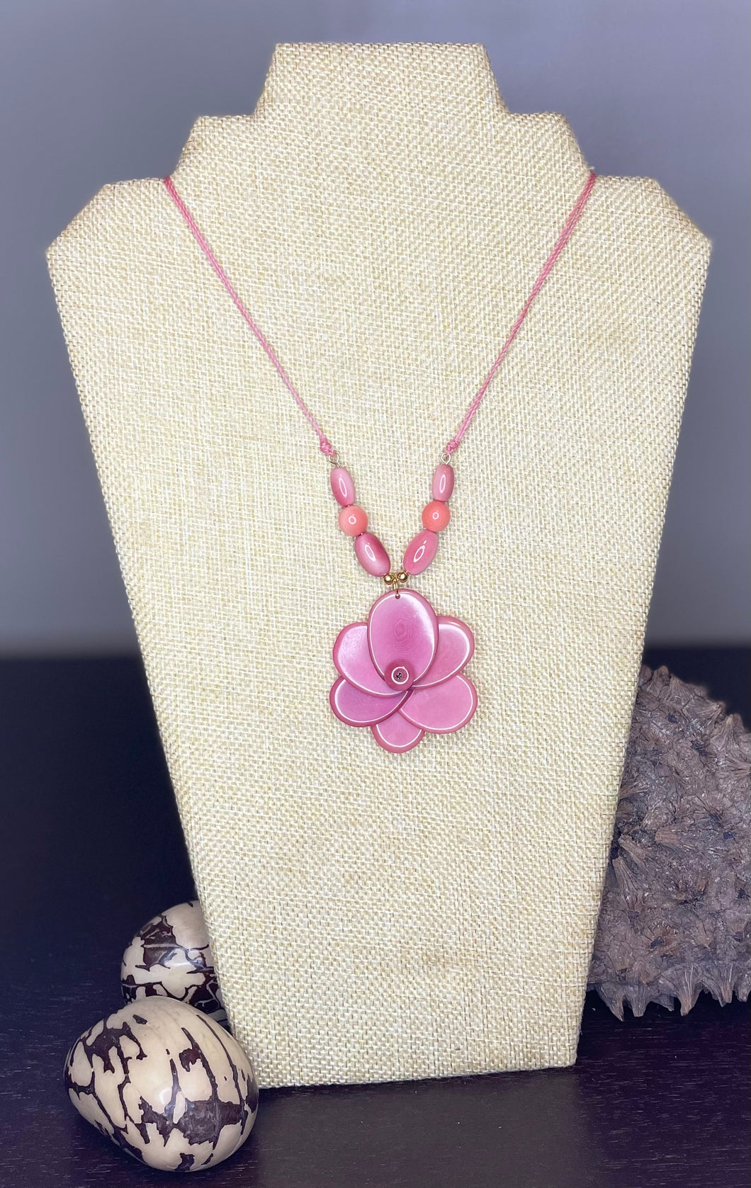 Pink Small Tagua Nut Rose Necklace