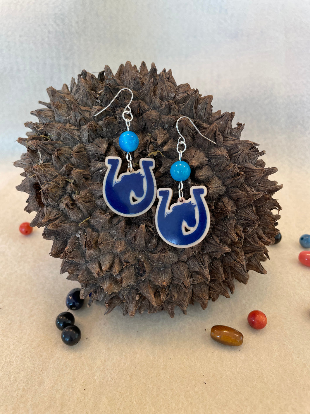 Blue Tagua Nut Horseshoe Derby Earrings