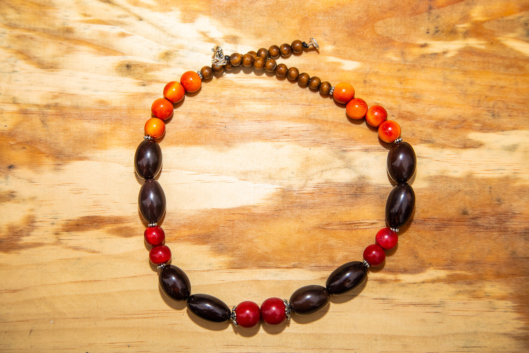 Multicolor Orange Red Tagua Nut Necklace with Silver Accents