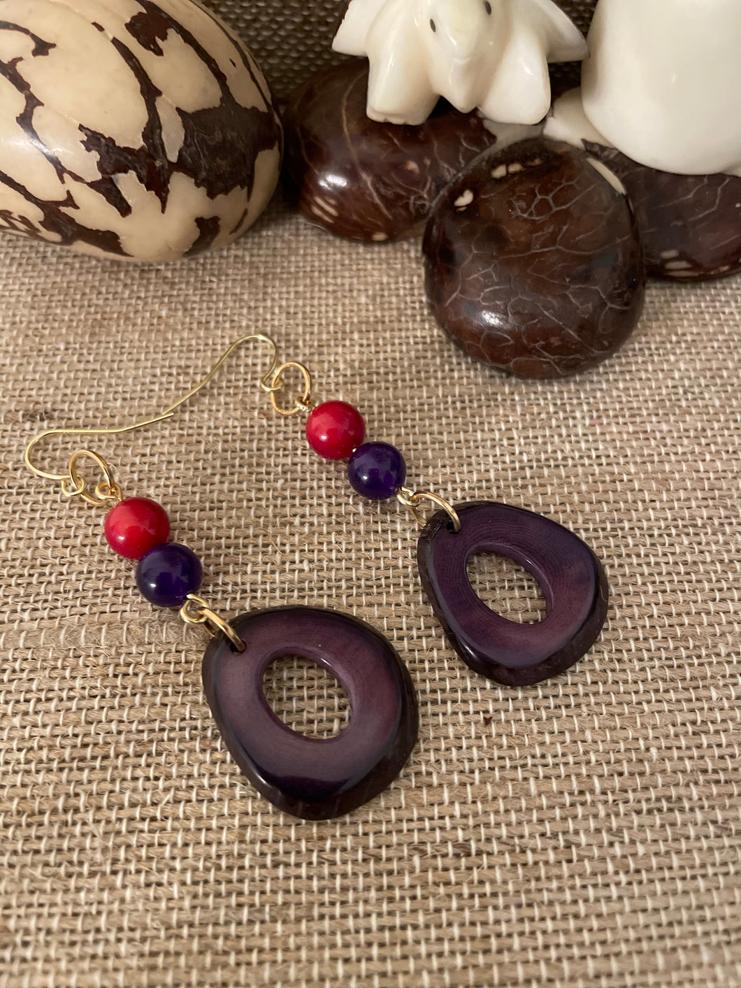 Purple Red Tagua Nut Earrings