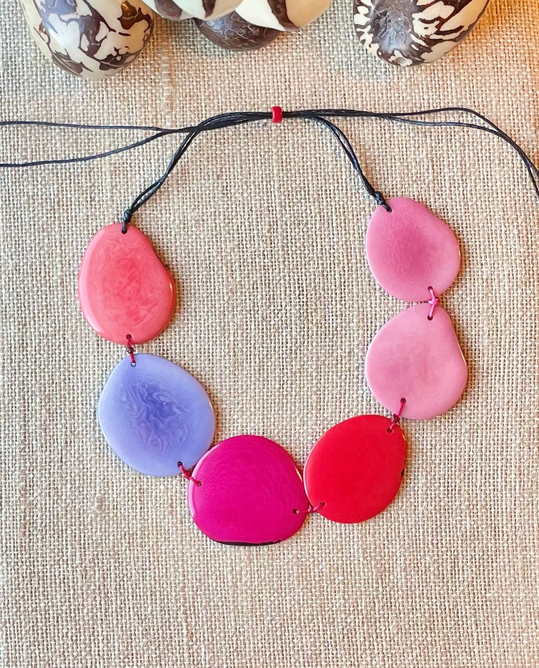 Pink Purple and Coral Tagua Nut Adjustable Necklace