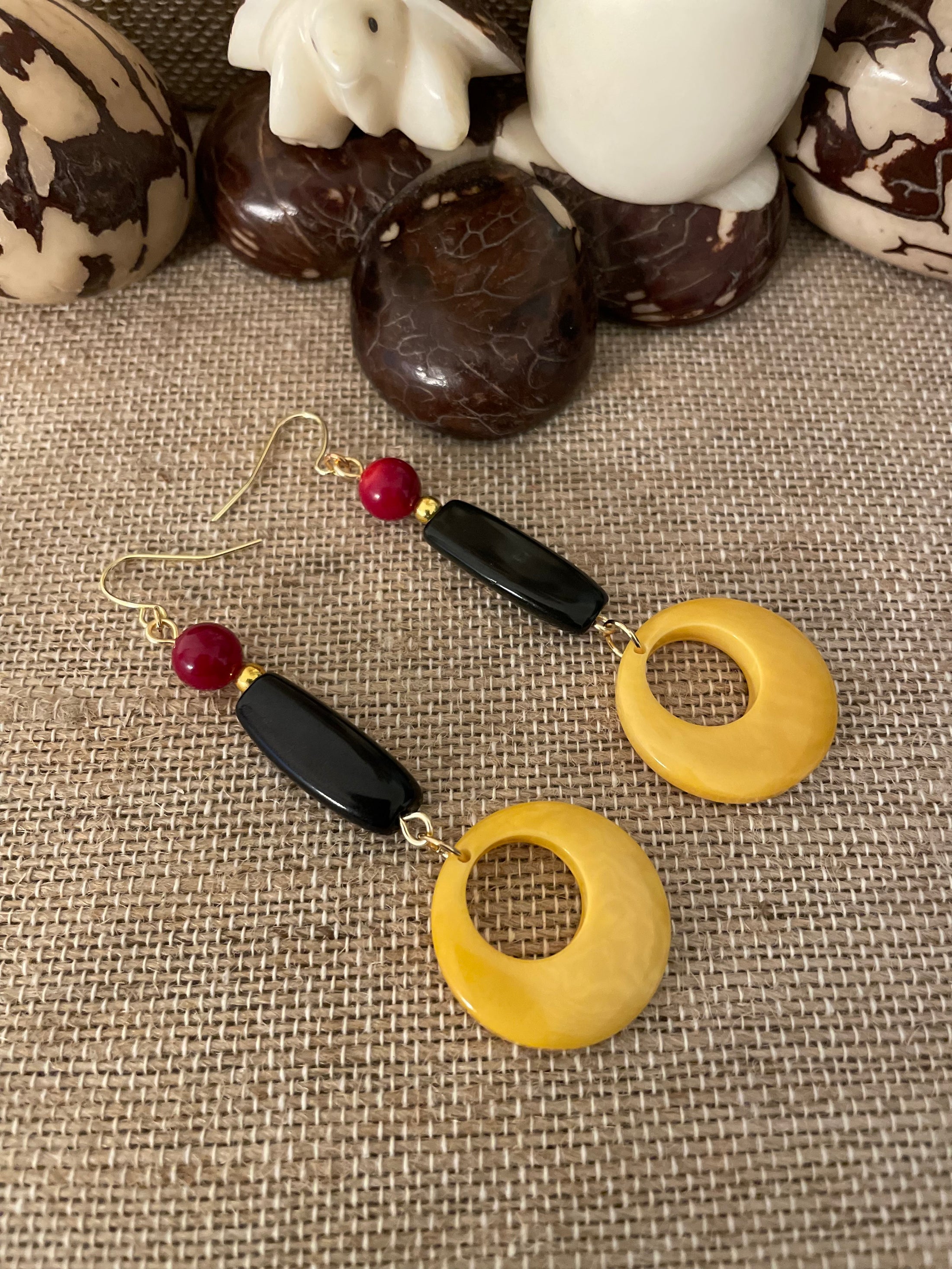 Yellow Black Red Tagua Nut Dangle Earrings