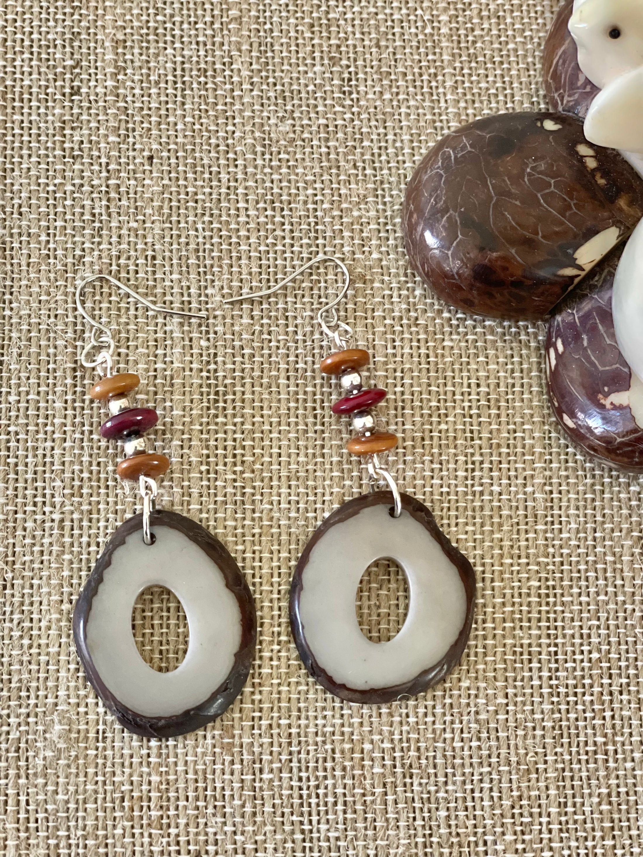 Gray Brown Tagua Nut Earrings