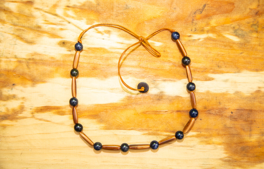 Brown Cylinder Tagua Nut with Black Beads Necklace
