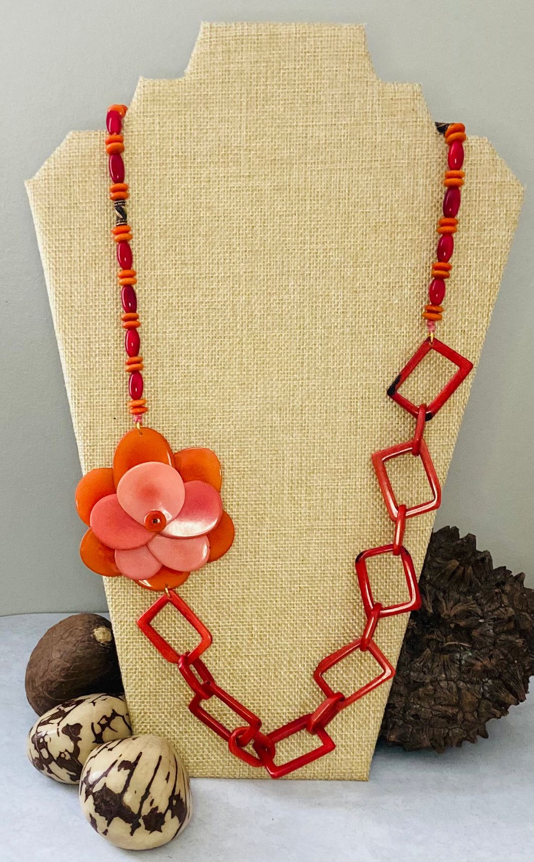 Orange and Red Rose Chain Tagua Nut Necklace