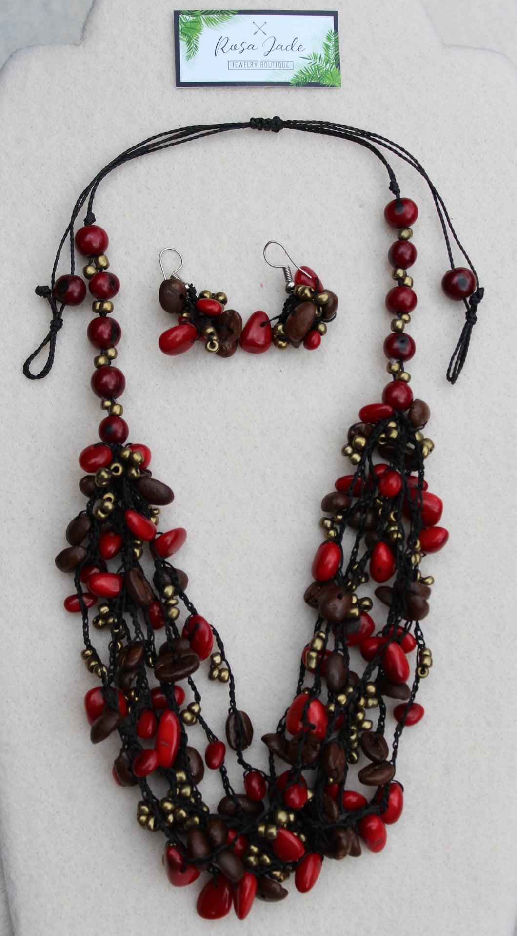 Red Tagua Nut and Coffee Bean Necklace and Earrings set