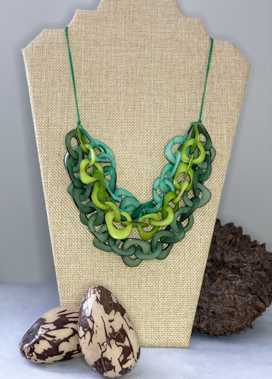 Green and Teal Triple Layer Tagua Nut Necklace