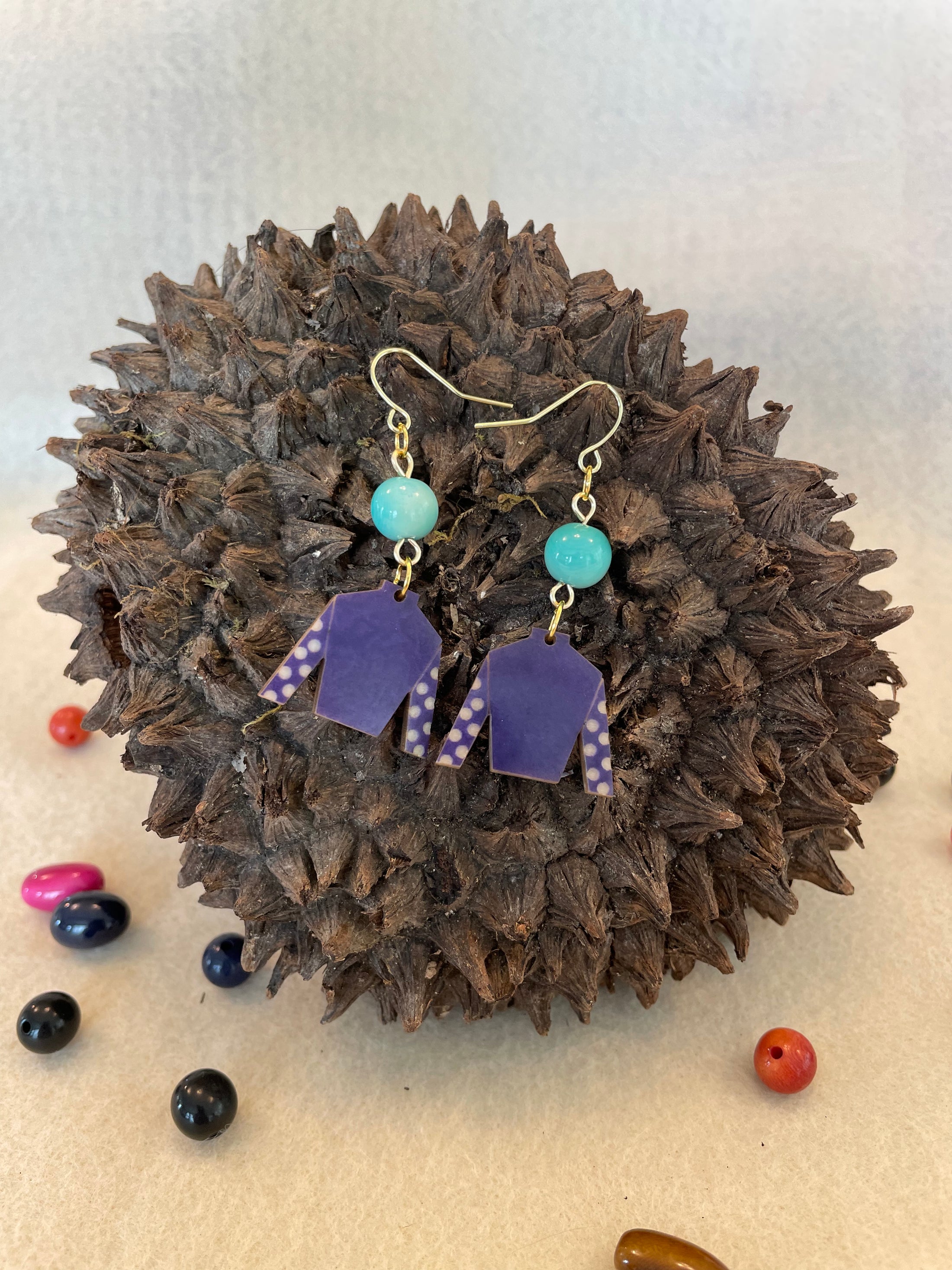 Purple Tagua Nut Jockey Silk Derby Earrings