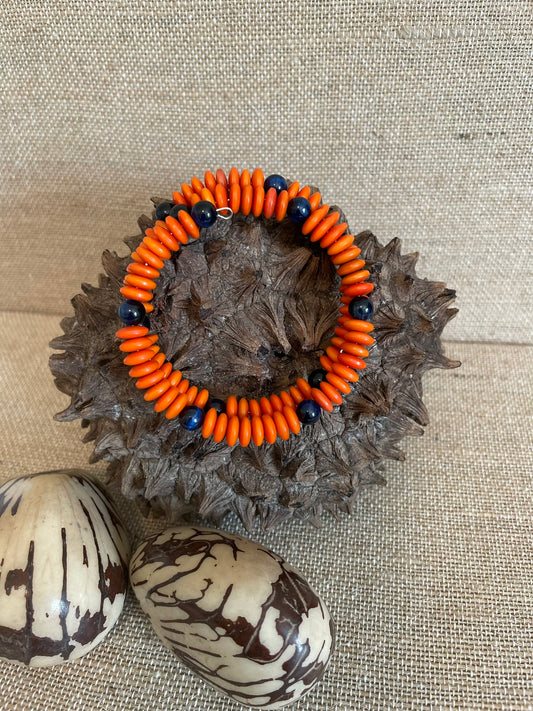 Orange Tagua Nut and Blue Eye of the Tiger Memory Wire Bracelet