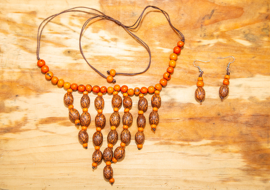 Orange Tagua Nut Necklace Earrings set