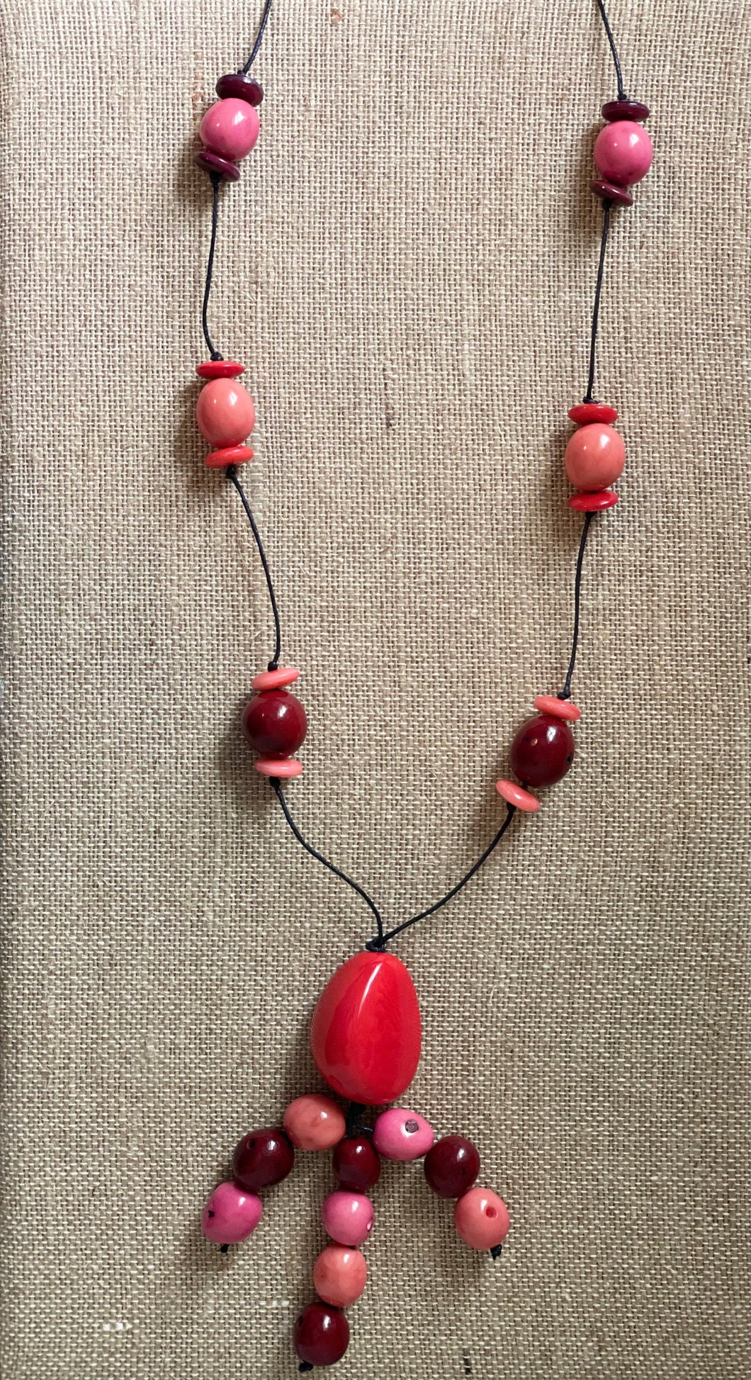 Red Tagua Nut and Pink Pambil Seed Extra Long Adjustable Necklace