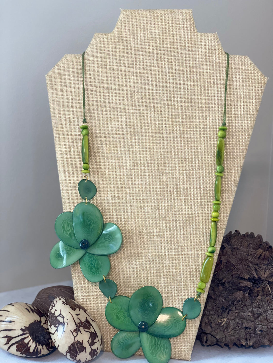 Green Double Rose Tagua Nut Necklace