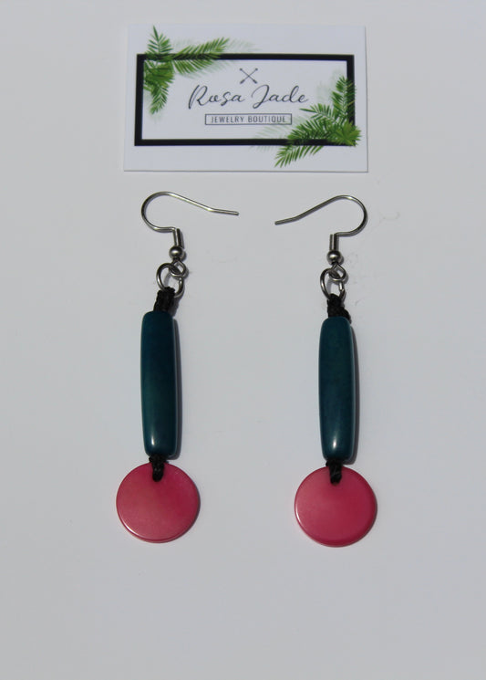 Turquoise Pink Tagua Nut Dangle Earrings