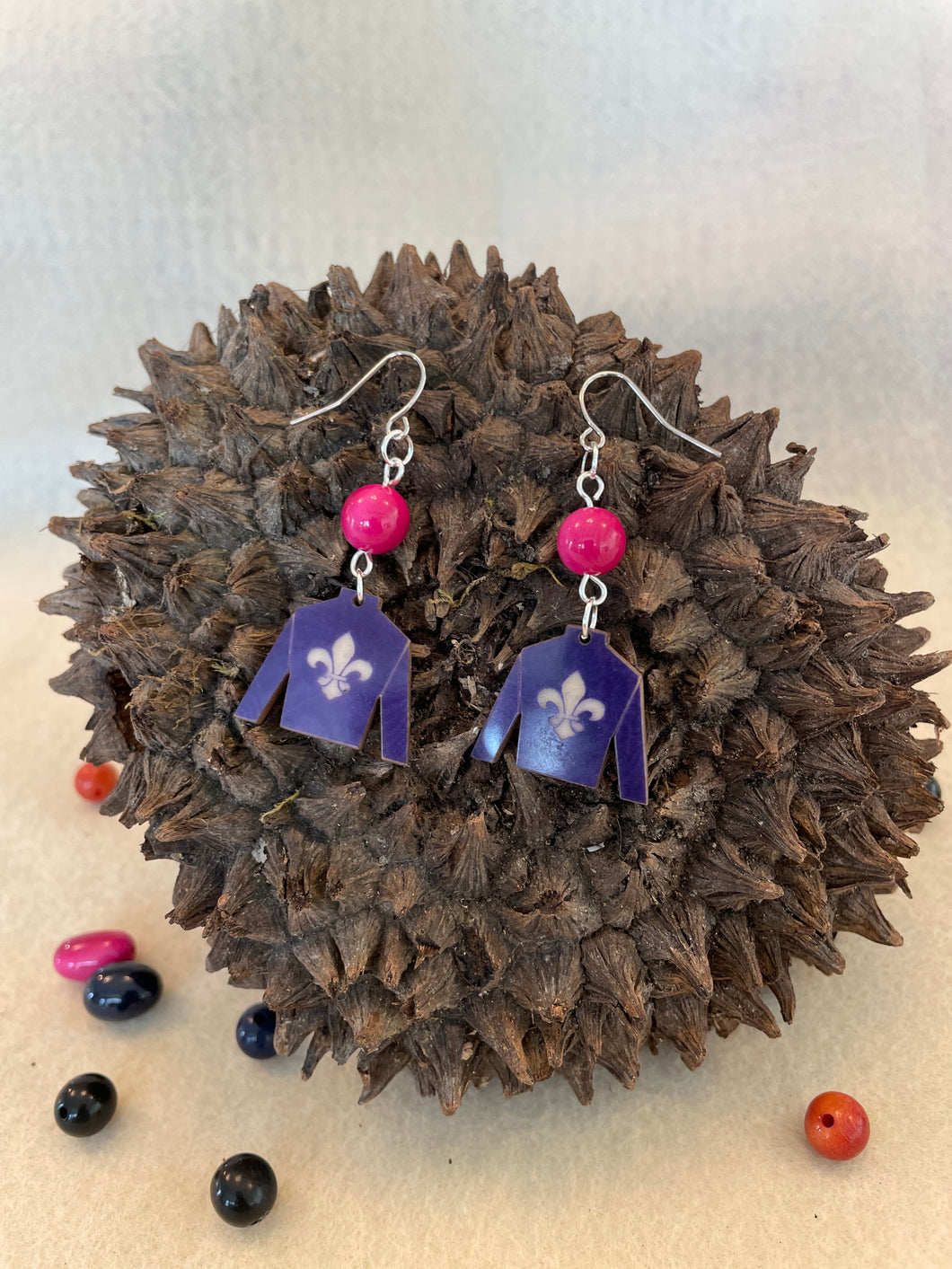 Purple Tagua Nut Jockey Silk Derby Earrings