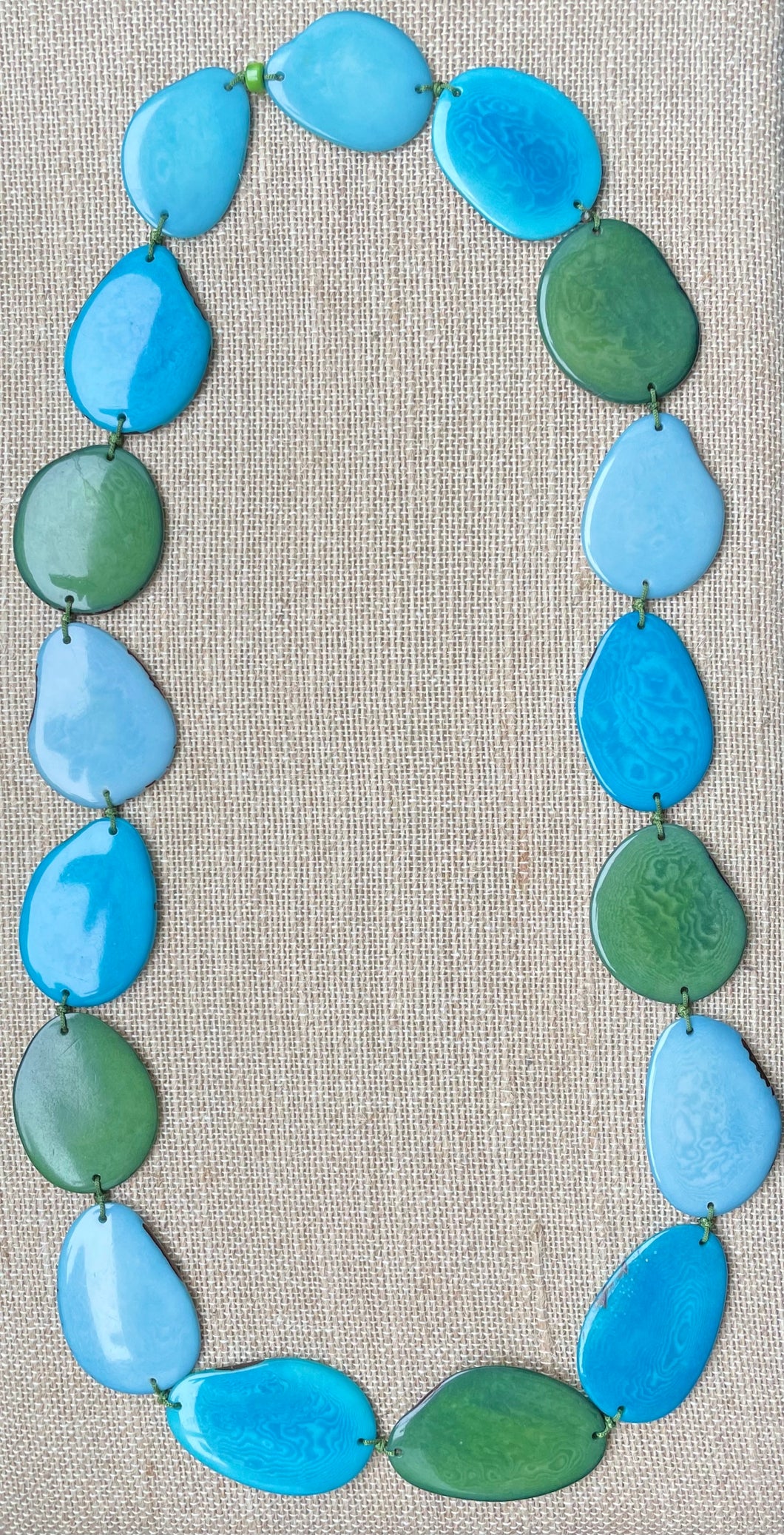 Turquoise Baby Blue and Green Tagua Nut Long Necklace
