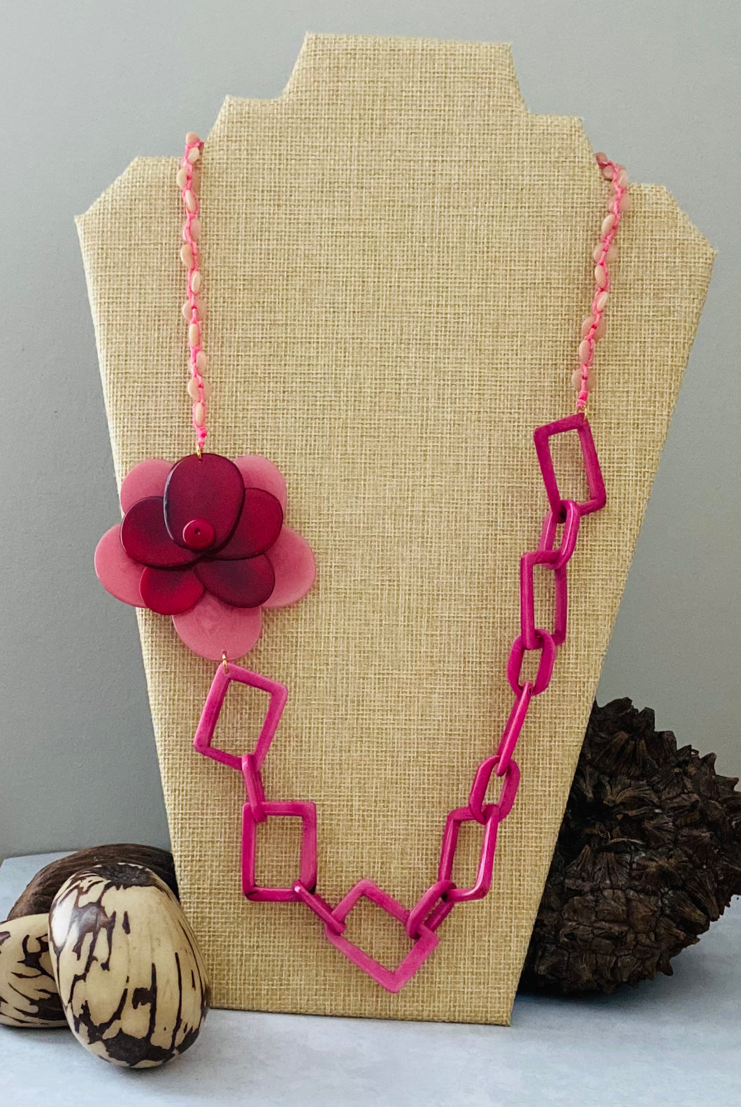 Pink and Red Rose Chain Tagua Nut Necklace