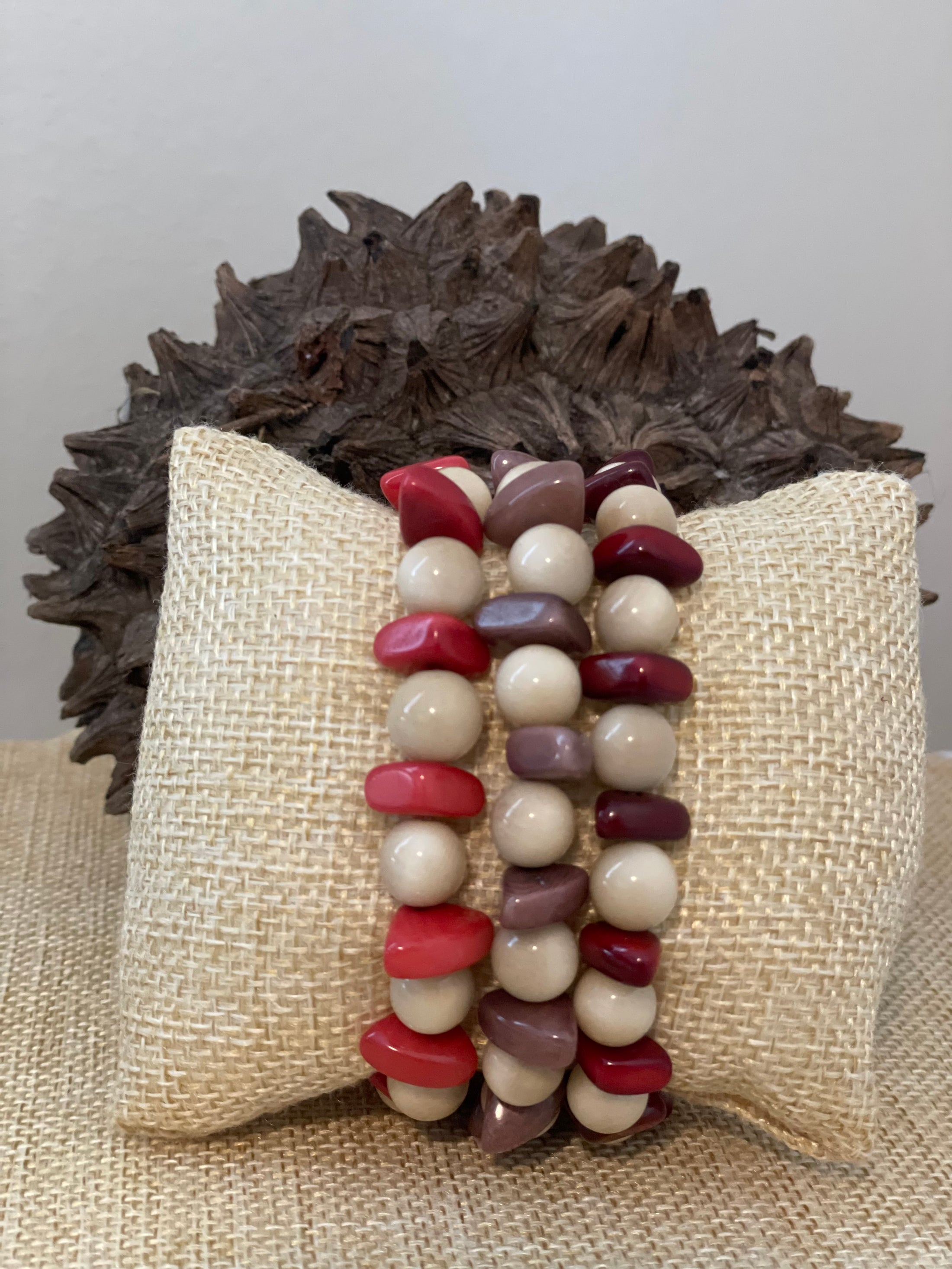 Pink Orange and Blue Tagua Nut Stackable Bracelet