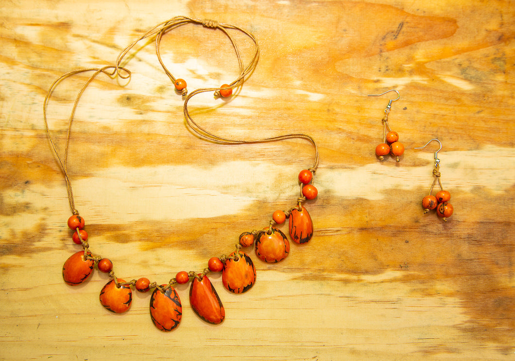 Orange Tagua Nut Adjustable Necklace and Earrings set