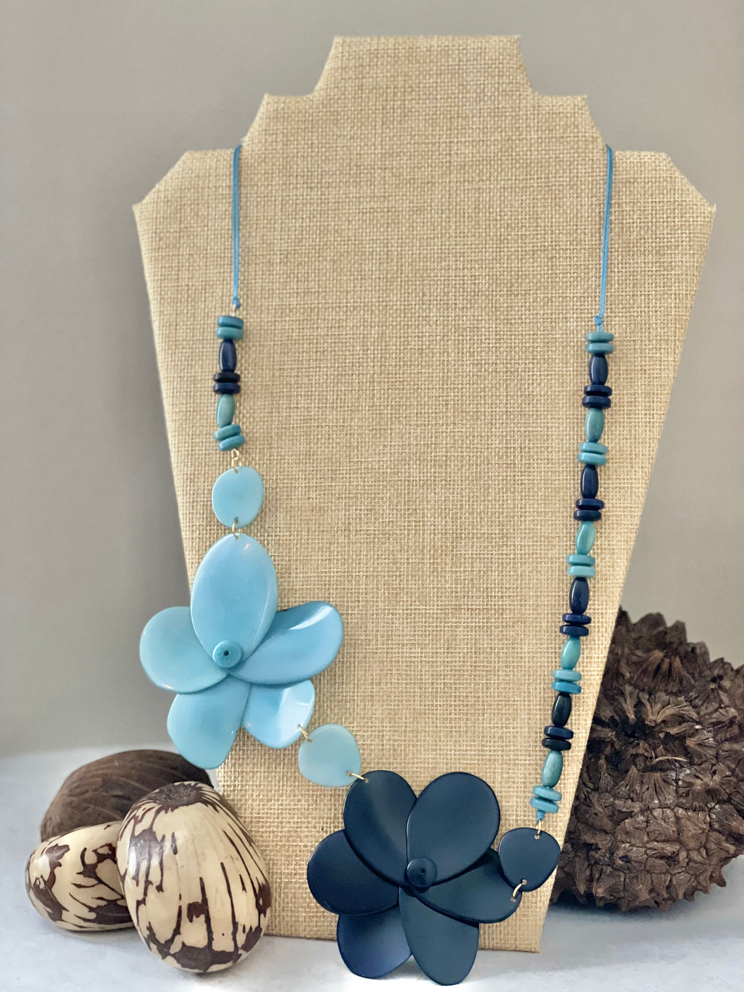 Blue and Baby Blue Double Rose Tagua Nut Necklace