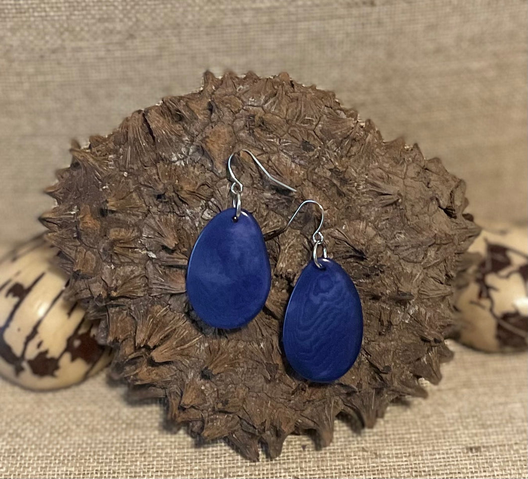 Blue Thin Sliced Tagua Nut Earrings