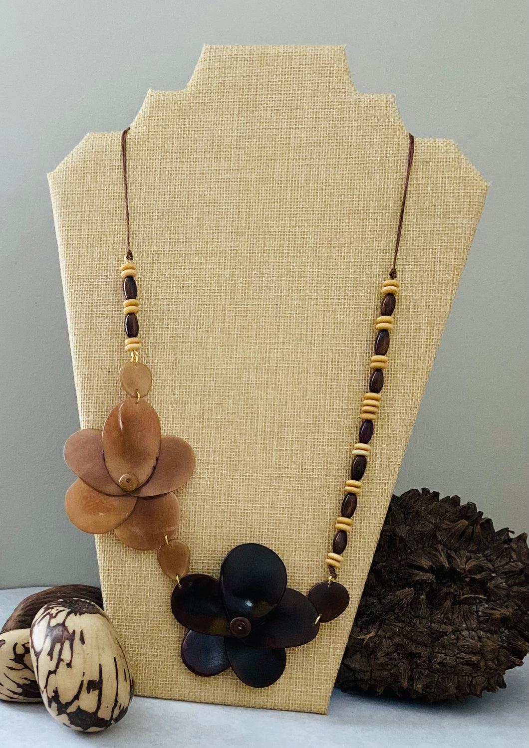 Brown Double Rose Tagua Nut Necklace