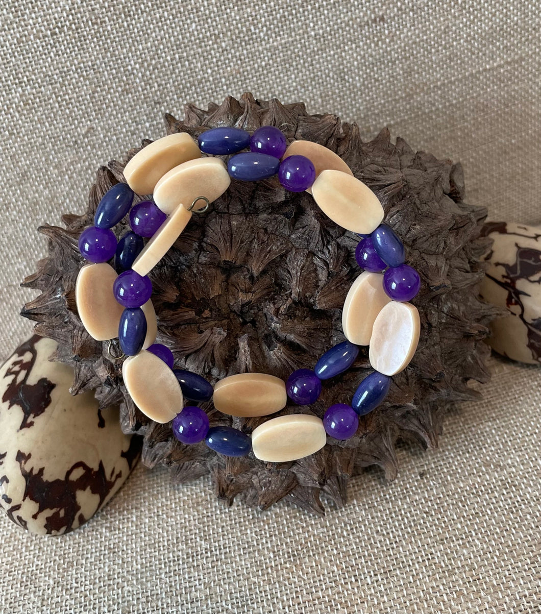 Ivory and Purple Tagua Nut Memory Wire Bracelet